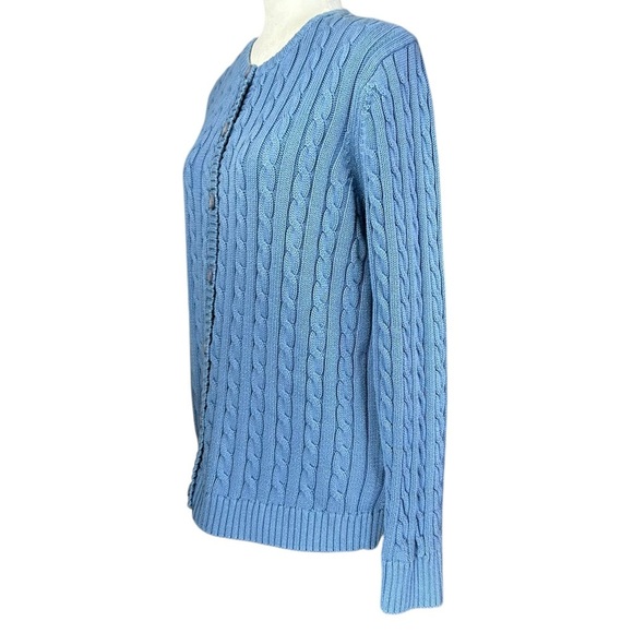 L.L. Bean Cable Knit Sweater Large Cotton Cornflower Blue  Crew Neck Cardigan - Picture 4 of 8